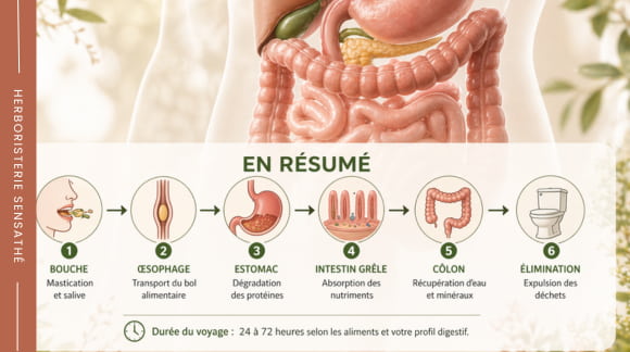 Schéma simplifié des étapes de la digestion avec résumé du processus digestif de la bouche à l’élimination et illustration du système digestif en arrière-plan - Herboristerie Sensathé Schéma simplifié des étapes de la digestion avec résumé du processus digestif de la bouche à l’élimination et illustration du système digestif en arrière-plan - Herboristerie Sensathé